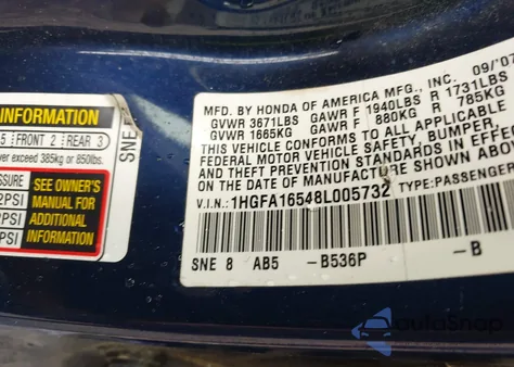 2008 Honda Civic Lx from USA, damaged, VIN 1HGFA16548L005732